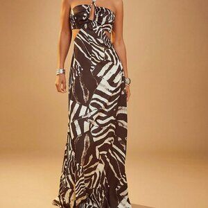 Brown Sexy Women's Front Cut Out Cross Over Halter Open Back Dress